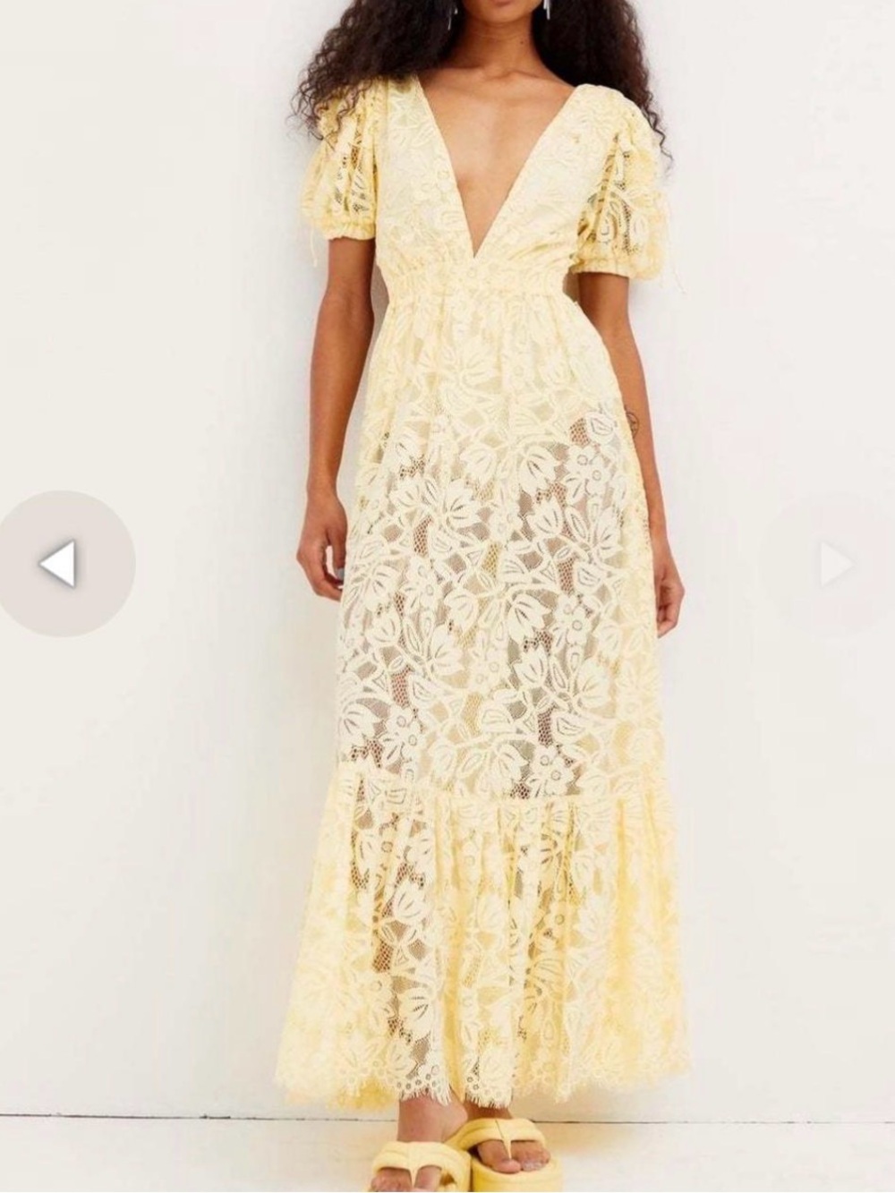 For Love & Lemons Pale Yellow Lace Maxi Dress with Puff Sleeves